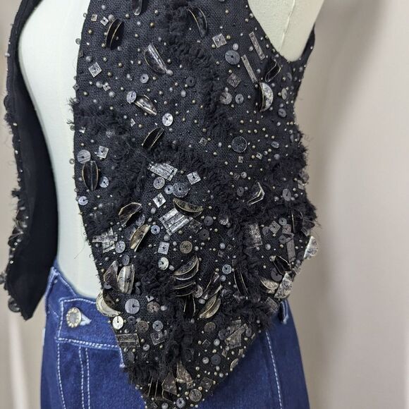 Theyskens' Theory "Jiguo" Embellished Linen Vest – Statement Black Beaded Vest – - Picture 3 of 11